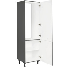 Armoire haute de cuisine avec porte ouverte et étagères
