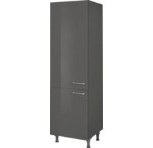 Armoire haute grise avec deux portes et poignées.