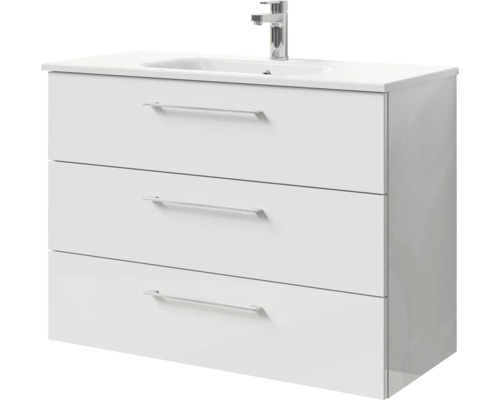 Badmöbel-Set Pelipal Sunline 121 BxHxT 101 x 74 x 46 cm Frontfarbe weiß hochglanz mit Mineralguss-Waschtisch und Waschtischunterschrank 3 Schubkästen Waschtischunterschrank mit drei Schubladen und Aufsatzwaschbecken