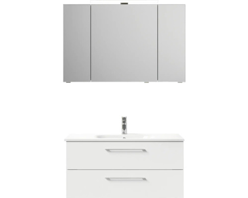 Badmöbel-Set Pelipal Sunline 121 BxHxT 110 x 200 x 46 cm Frontfarbe weiß hochglanz mit Mineralguss-Waschtisch Waschtischunterschrank und Spiegelschrank mit LED-Beleuchtung Weißer Waschtischunterschrank mit zwei Schubladen und Spiegelschrank mit drei Türen