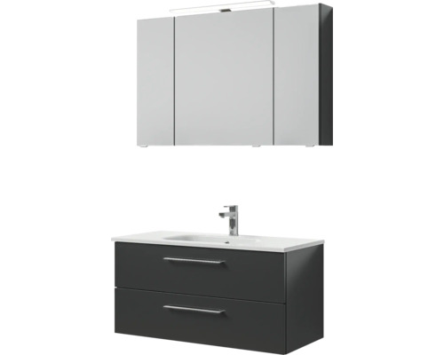 Meuble de salle de bains 3 pièces Pelipal Sunline 121 110 x 200 x 46 cm façade anthracite brillant avec vasque en marbre minéral sous-vasque armoire de toilette lumineuse