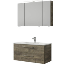 Badmöbel-Set Pelipal Sunline 121 BxHxT 110 x 200 x 46 cm Frontfarbe Eiche ribbeck mit Mineralguss-Waschtisch Waschtischunterschrank und Spiegelschrank mit LED-Beleuchtung