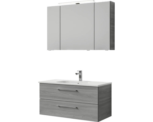 Meuble de salle de bains 3 pièces Pelipal Sunline 121 110 x 200 x 46 cm façade gris sangallo mat avec vasque en marbre minéral sous-vasque armoire de toilette lumineuse