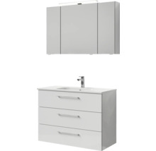 Badmöbel-Set Pelipal Sunline 121 BxHxT 110 x 200 x 46 cm Frontfarbe weiß hochglanz mit Mineralguss-Waschtisch Waschtischunterschrank 3 Schubkästen und Spiegelschrank mit LED-Beleuchtung
