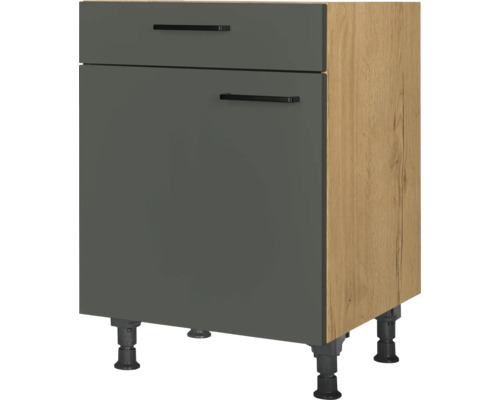 Meuble bas NOBILIA avec tiroir et porte pivotante Urban lxpxh 60 x 58 x 87 cm vert minéral mat prémonté tirant gauche Meuble bas de cuisine avec deux tiroirs, façades grises, poignées et pieds noirs