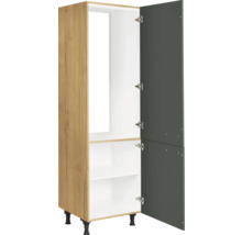 Meuble de cuisine avec porte ouverte et étagères