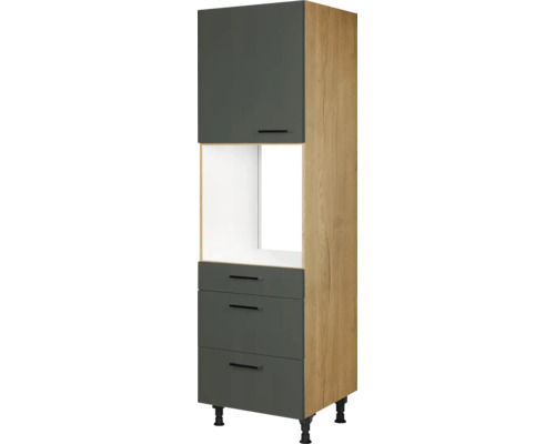 Armoire haute pour four avec coulisses NOBILIA Urban lxpxh 60 x 58 x 217 cm vert minéral mat prémonté tirant gauche Meuble de cuisine avec tiroirs et compartiment ouvert