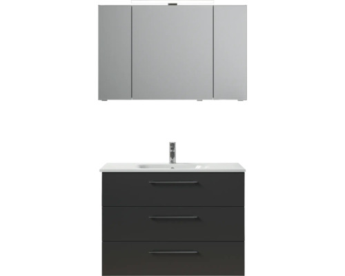 Meuble de salle de bains 3 pièces Pelipal Sunline 121 110 x 200 x 46 cm façade anthracite brillant avec vasque en marbre minéral sous-vasque armoire de toilette lumineuse