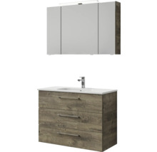 Badmöbel-Set Pelipal Sunline 121 BxHxT 110 x 200 x 46 cm Frontfarbe Eiche ribbeck mit Mineralguss-Waschtisch Waschtischunterschrank 3 Schubkästen und Spiegelschrank mit LED-Beleuchtung
