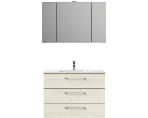 Badmöbel-Set Pelipal Sunline 121 BxHxT 110 x 200 x 46 cm Frontfarbe Polar Pinie mit Mineralguss-Waschtisch Waschtischunterschrank 3 Schubkästen und Spiegelschrank mit LED-Beleuchtung Badezimmer Waschtischkombination mit Spiegelschrank und drei Schubladen