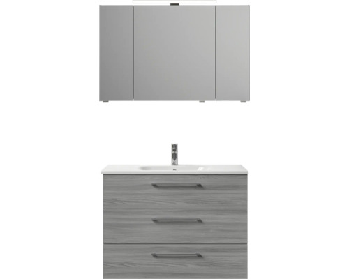 Meuble de salle de bains 3 pièces Pelipal Sunline 121 110 x 200 x 46 cm façade gris sangallo mat avec vasque en marbre minéral sous-vasque armoire de toilette lumineuse