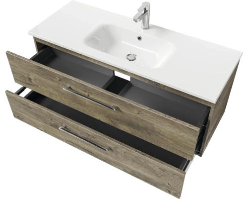 Meuble sous-lavabo avec deux tiroirs ouverts et lavabo