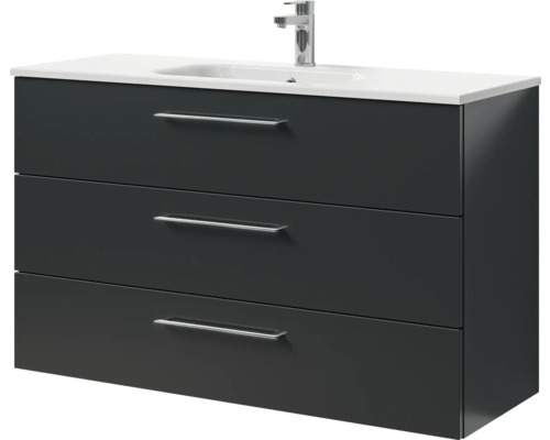 Meuble de salle de bains 2 pièces Pelipal Sunline 121 121 x 74 x 46 cm façade anthracite brillant avec vasque en marbre minéral Meuble sous-lavabo avec trois tiroirs, lavabo et robinet