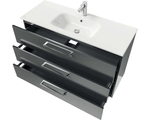 Meuble sous-lavabo avec trois tiroirs, lavabo à poser et robinetterie