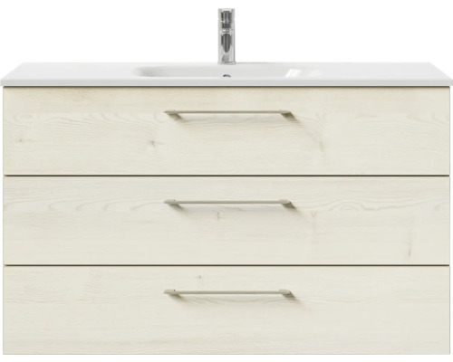 Meuble sous-lavabo avec trois tiroirs, aspect bois et vasque à poser