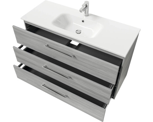 Meuble sous-lavabo avec trois tiroirs, lavabo et robinet