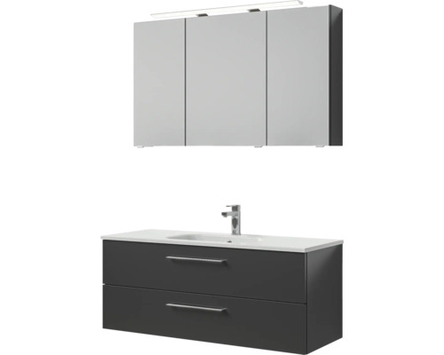 Meuble de salle de bains 3 pièces Pelipal Sunline 121 121 x 200 x 46 cm façade anthracite brillant avec vasque en marbre minéral sous-vasque armoire de toilette lumineuse