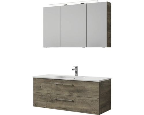 Badmöbel-Set Pelipal Sunline 121 BxHxT 121 x 200 x 46 cm Frontfarbe Eiche ribbeck mit Mineralguss-Waschtisch Waschtischunterschrank und Spiegelschrank mit LED-Beleuchtung Badezimmer Waschtischkombination mit Spiegelschrank und Unterschrank