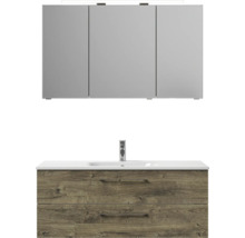 Badmöbel-Set Pelipal Sunline 121 BxHxT 121 x 200 x 46 cm Frontfarbe Eiche ribbeck mit Mineralguss-Waschtisch Waschtischunterschrank und Spiegelschrank mit LED-Beleuchtung