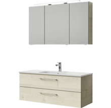 Badmöbel-Set Pelipal Sunline 121 BxHxT 121 x 200 x 46 cm Frontfarbe Polar Pinie mit Mineralguss-Waschtisch Waschtischunterschrank und Spiegelschrank mit LED-Beleuchtung