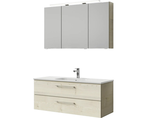 Meuble de salle de bains 3 pièces Pelipal Sunline 121 121 x 200 x 46 cm façade pin polaire décor bois avec vasque en marbre minéral sous-vasque armoire de toilette lumineuse