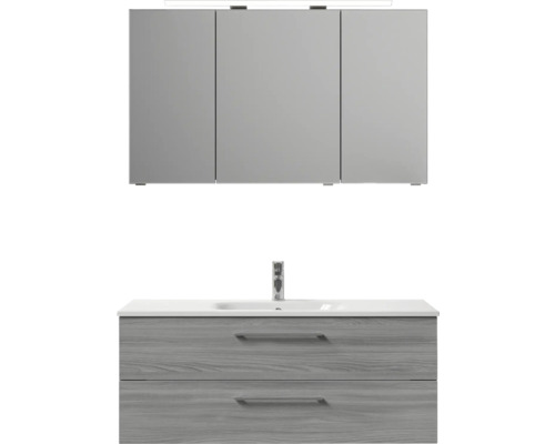 Meuble de salle de bains 3 pièces Pelipal Sunline 121 121 x 200 x 46 cm façade gris sangallo mat avec vasque en marbre minéral sous-vasque armoire de toilette lumineuse