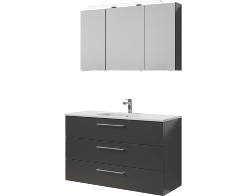 Meuble de salle de bains 3 pièces Pelipal Sunline 121 121 x 200 x 46 cm façade anthracite brillant avec vasque en marbre minéral sous-vasque armoire de toilette lumineuse