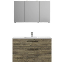 Badmöbel-Set Pelipal Sunline 121 BxHxT 121 x 200 x 46 cm Frontfarbe Eiche ribbeck mit Mineralguss-Waschtisch Waschtischunterschrank 3 Schubkästen und Spiegelschrank mit LED-Beleuchtung