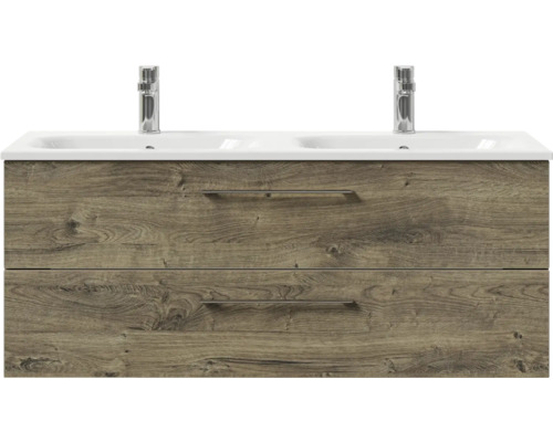 Meuble sous-lavabo avec deux lavabos et deux tiroirs en décor bois