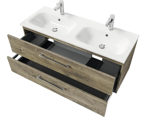 Meuble sous-lavabo avec deux lavabos et tiroirs ouverts