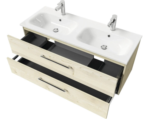 Meuble sous-lavabo avec deux lavabos et tiroirs ouverts