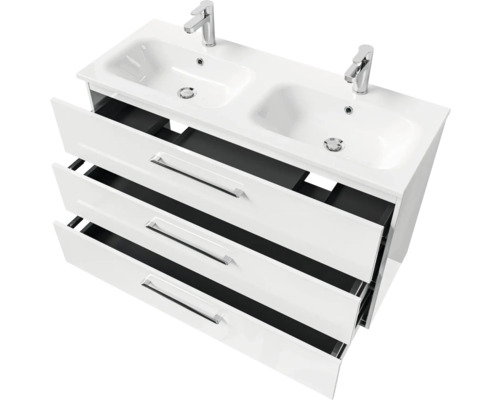 Meuble sous-lavabo avec deux lavabos et tiroirs ouverts