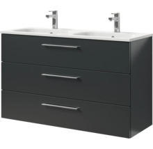 Waschtischunterschrank mit Doppelwaschbecken, drei Schubladen und Griffen