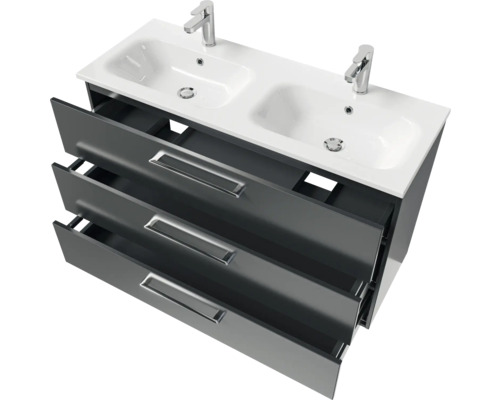 Meuble sous-lavabo avec deux lavabos et trois tiroirs