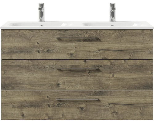 Meuble sous-lavabo avec trois tiroirs, aspect bois