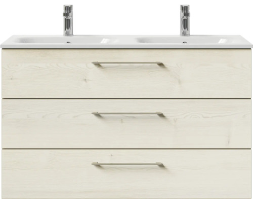 Meuble sous-lavabo avec trois tiroirs et double vasque