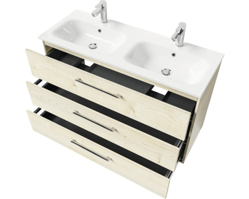 Meuble sous-lavabo avec deux vasques et trois tiroirs