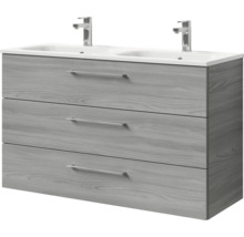 Waschtischunterschrank mit zwei Waschbecken und drei Schubladen in Holzoptik
