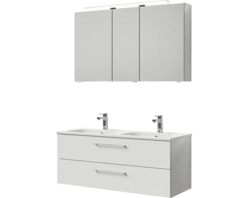 Meuble de salle de bains 3 pièces Pelipal Sunline 121 121 x 200 x 46 cm façade blanc à haute brillance avec vasque en marbre minéral avec lavabo double en fonte minérale sous-vasque armoire de toilette lumineuse