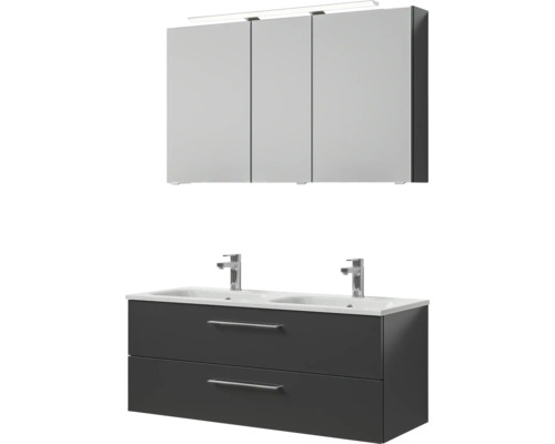 Meuble de salle de bains 3 pièces Pelipal Sunline 121 121 x 200 x 46 cm façade anthracite brillant avec vasque en marbre minéral avec lavabo double en fonte minérale sous-vasque armoire de toilette lumineuse