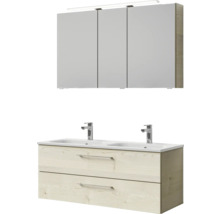 Badmöbel-Set Pelipal Sunline 121 BxHxT 121 x 200 x 46 cm Frontfarbe Polar Pinie mit Mineralguss-Doppelwaschtisch Waschtischunterschrank und Spiegelschrank mit LED-Beleuchtung
