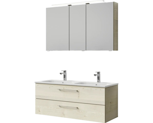 Meuble de salle de bains 3 pièces Pelipal Sunline 121 121 x 200 x 46 cm façade pin polaire décor bois avec vasque en marbre minéral avec lavabo double en fonte minérale sous-vasque armoire de toilette lumineuse