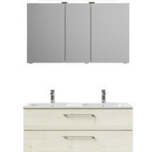Badmöbel-Set Pelipal Sunline 121 BxHxT 121 x 200 x 46 cm Frontfarbe Polar Pinie mit Mineralguss-Doppelwaschtisch Waschtischunterschrank und Spiegelschrank mit LED-Beleuchtung