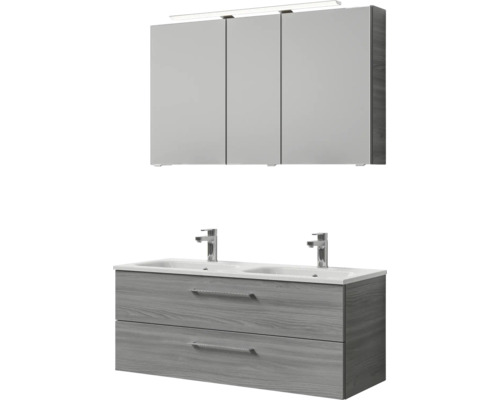 Badmöbel-Set Pelipal Sunline 121 BxHxT 121 x 200 x 46 cm Frontfarbe sangallo grau mit Mineralguss-Doppelwaschtisch Waschtischunterschrank und Spiegelschrank mit LED-Beleuchtung Waschtischunterschrank mit Doppelwaschbecken und Spiegelschrank mit drei Türen und Beleuchtung
