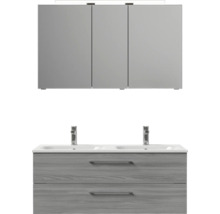 Badmöbel-Set Pelipal Sunline 121 BxHxT 121 x 200 x 46 cm Frontfarbe sangallo grau mit Mineralguss-Doppelwaschtisch Waschtischunterschrank und Spiegelschrank mit LED-Beleuchtung