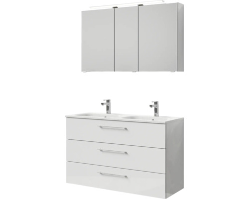 Badmöbel-Set Pelipal Sunline 121 BxHxT 121 x 200 x 46 cm Frontfarbe weiß hochglanz mit Mineralguss-Doppelwaschtisch Waschtischunterschrank 3 Schubkästen und Spiegelschrank mit LED-Beleuchtung Waschtischunterschrank mit drei Schubladen, Doppelwaschbecken und Spiegelschrank mit drei Türen und Beleuchtung für das Badezimmer