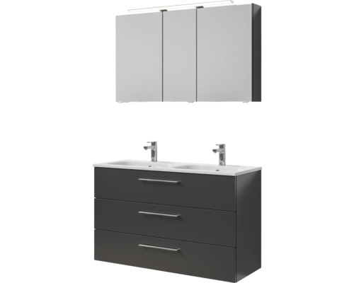 Meuble de salle de bains 3 pièces Pelipal Sunline 121 121 x 200 x 46 cm façade anthracite brillant avec vasque en marbre minéral avec lavabo double en fonte minérale sous-vasque armoire de toilette lumineuse