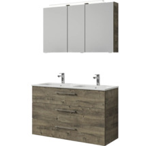 Badmöbel-Set Pelipal Sunline 121 BxHxT 121 x 200 x 46 cm Frontfarbe Eiche ribbeck mit Mineralguss-Doppelwaschtisch Waschtischunterschrank 3 Schubkästen und Spiegelschrank mit LED-Beleuchtung