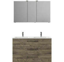 Badmöbel-Set Pelipal Sunline 121 BxHxT 121 x 200 x 46 cm Frontfarbe Eiche ribbeck mit Mineralguss-Doppelwaschtisch Waschtischunterschrank 3 Schubkästen und Spiegelschrank mit LED-Beleuchtung