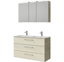 Badmöbel-Set Pelipal Sunline 121 BxHxT 121 x 200 x 46 cm Frontfarbe Polar Pinie mit Mineralguss-Doppelwaschtisch Waschtischunterschrank 3 Schubkästen und Spiegelschrank mit LED-Beleuchtung